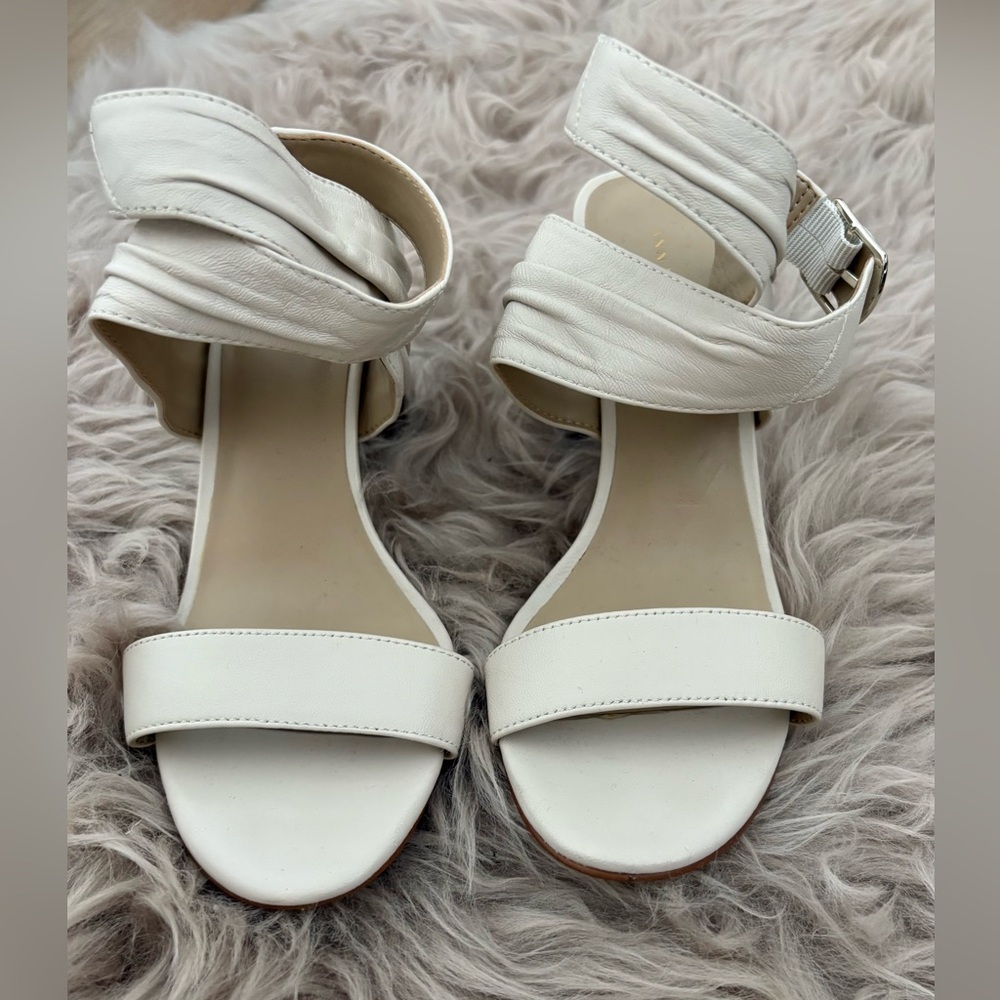 Cream Leather Ankle Strap Block Heel Sandals